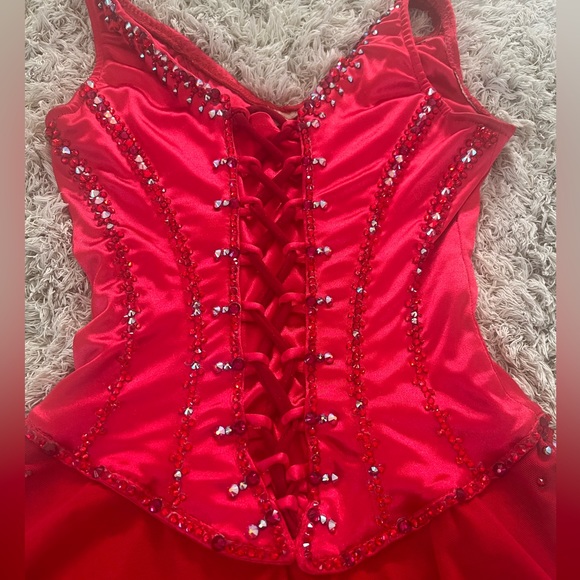 Red satin Swarovski figure skating dress - Picture 4 of 7